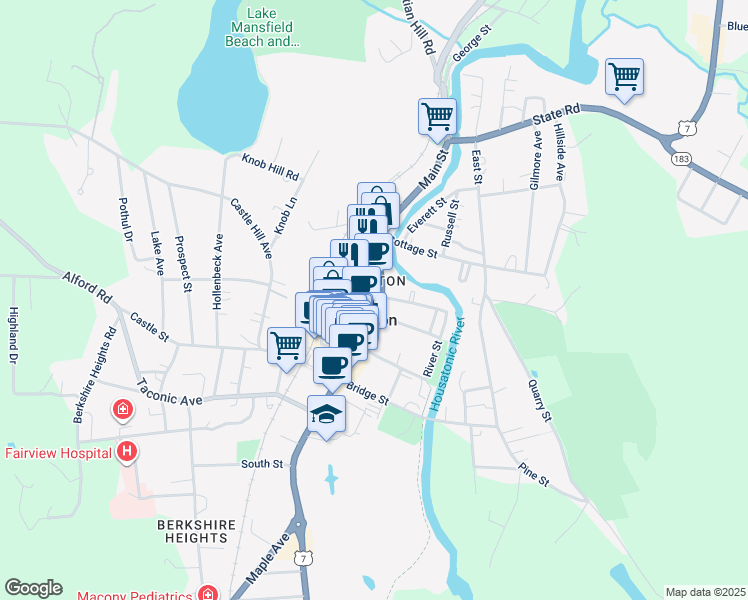 map of restaurants, bars, coffee shops, grocery stores, and more near 222 Main Street in Great Barrington