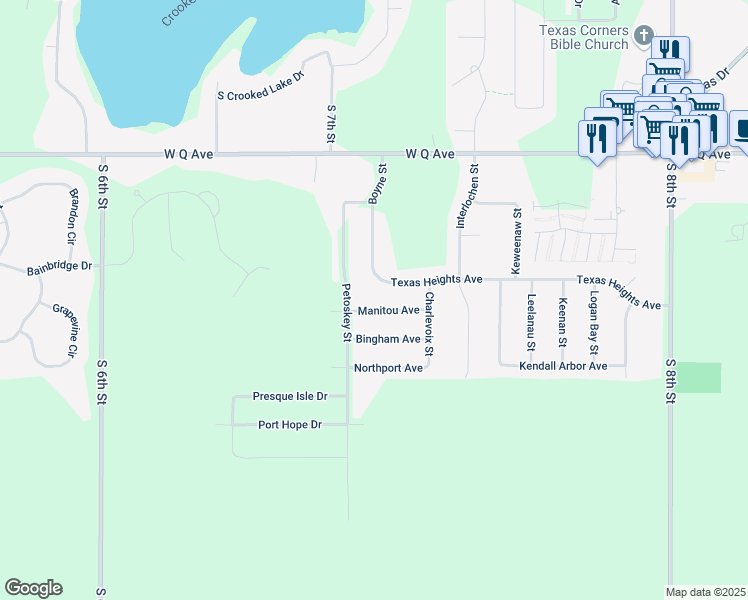 map of restaurants, bars, coffee shops, grocery stores, and more near 7650 Manitou Avenue in Kalamazoo