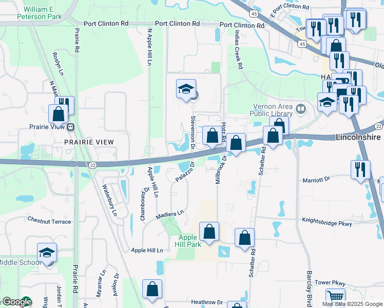 map of restaurants, bars, coffee shops, grocery stores, and more near 2 Stevenson Drive in Lincolnshire