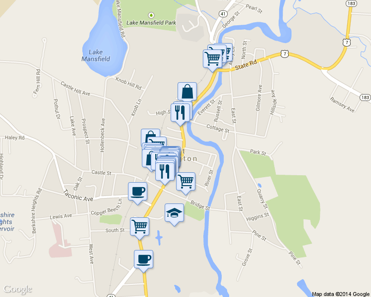 map of restaurants, bars, coffee shops, grocery stores, and more near 15 Dresser Avenue in Great Barrington