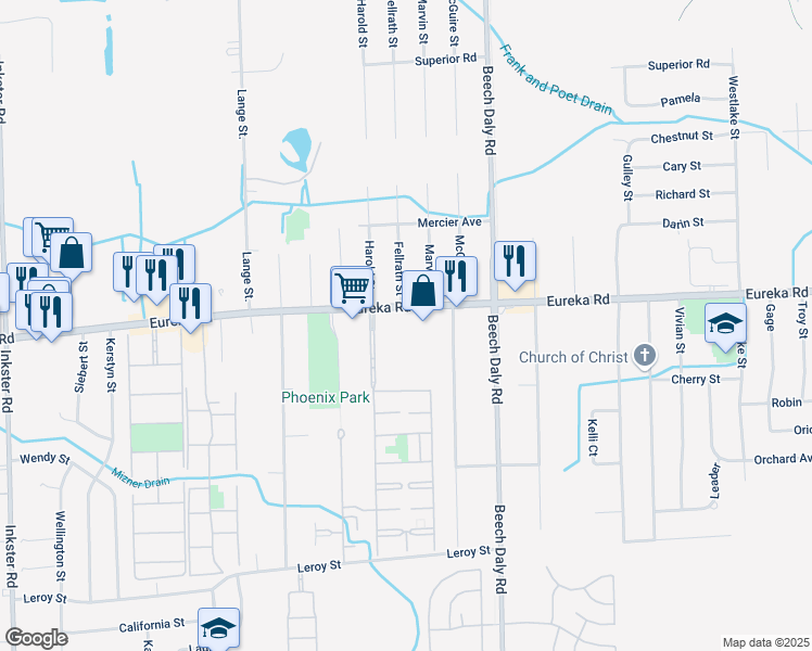 map of restaurants, bars, coffee shops, grocery stores, and more near 26101 Eureka Road in Taylor