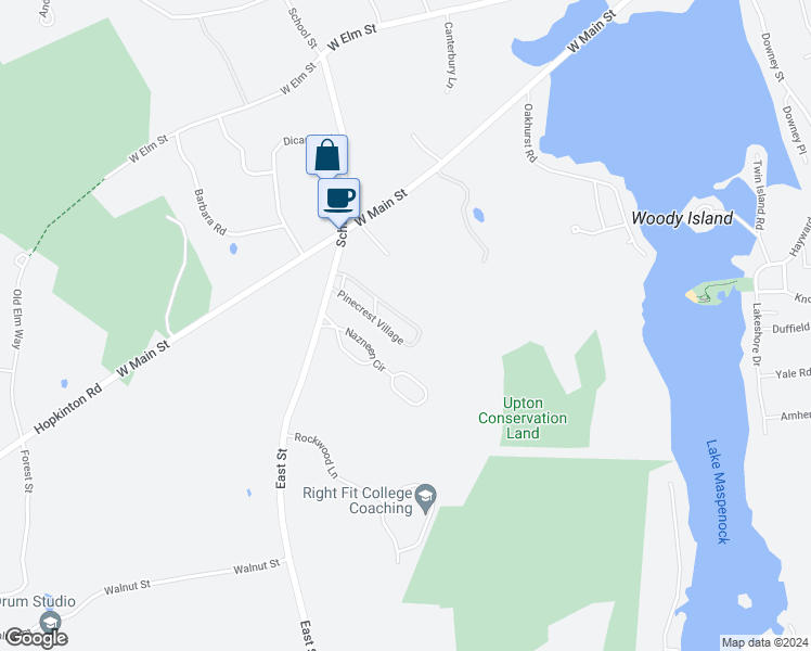 map of restaurants, bars, coffee shops, grocery stores, and more near 42 Pinecrest Village in Hopkinton