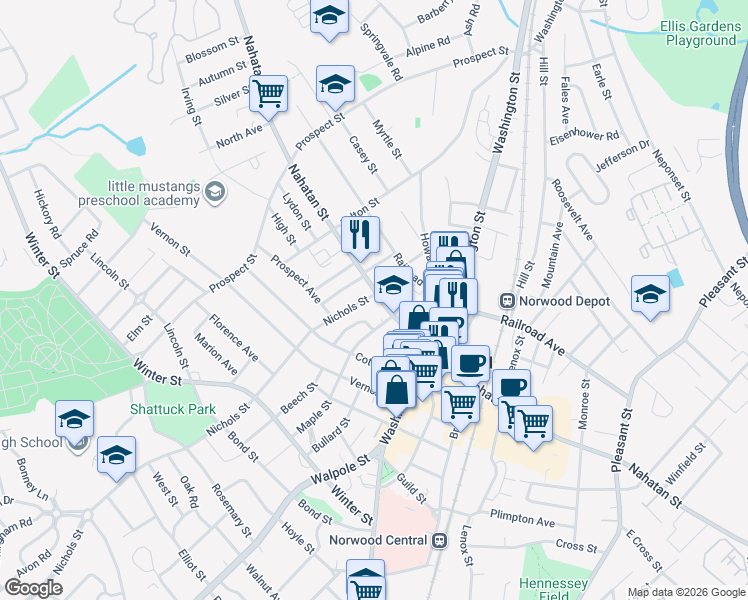 map of restaurants, bars, coffee shops, grocery stores, and more near 265 Nahatan Street in Norwood