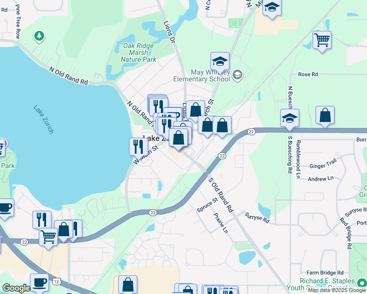 map of restaurants, bars, coffee shops, grocery stores, and more near 36 South Old Rand Road in Lake Zurich