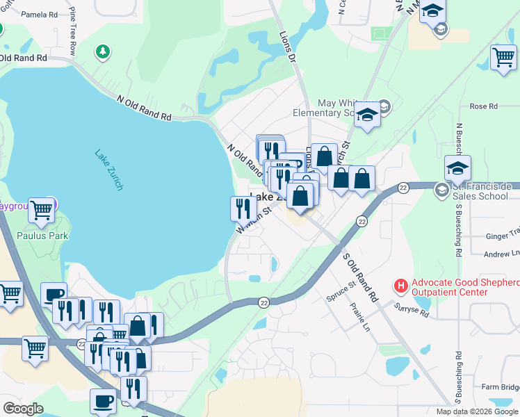 map of restaurants, bars, coffee shops, grocery stores, and more near 60 West Main Street in Lake Zurich