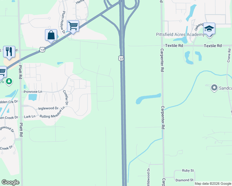 map of restaurants, bars, coffee shops, grocery stores, and more near 3488 Primrose Lane in Ypsilanti
