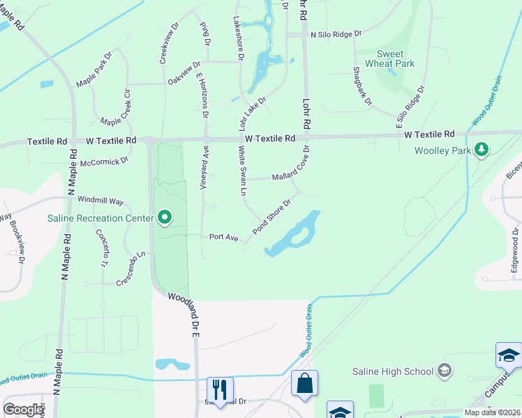 map of restaurants, bars, coffee shops, grocery stores, and more near 1642 Pond Shore Drive in Ann Arbor