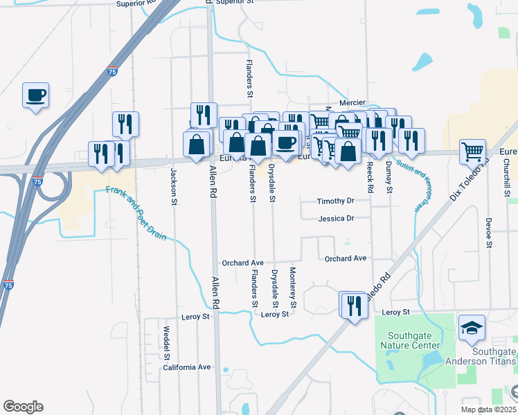 map of restaurants, bars, coffee shops, grocery stores, and more near 15205 Flanders Street in Southgate