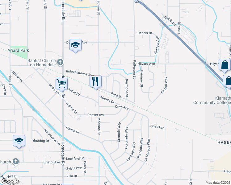 map of restaurants, bars, coffee shops, grocery stores, and more near 3308 Caroline Street in Klamath Falls