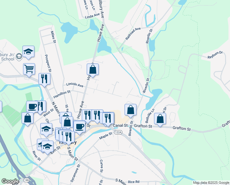 map of restaurants, bars, coffee shops, grocery stores, and more near 31 Lincoln Avenue Extension in Millbury