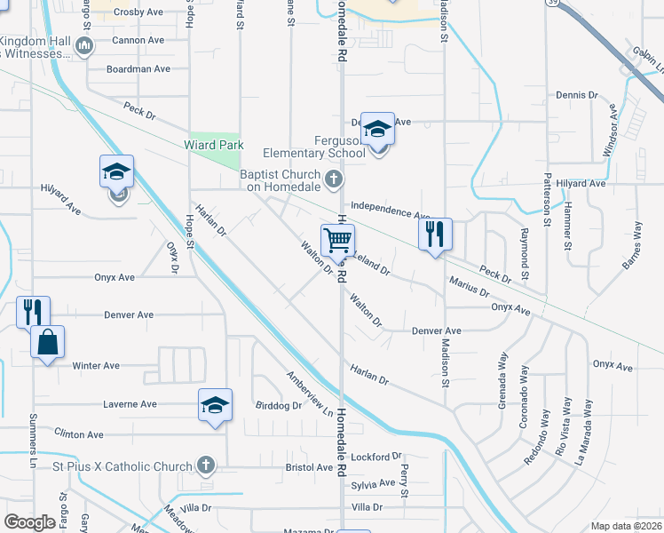 map of restaurants, bars, coffee shops, grocery stores, and more near 5343 Walton Drive in Klamath Falls