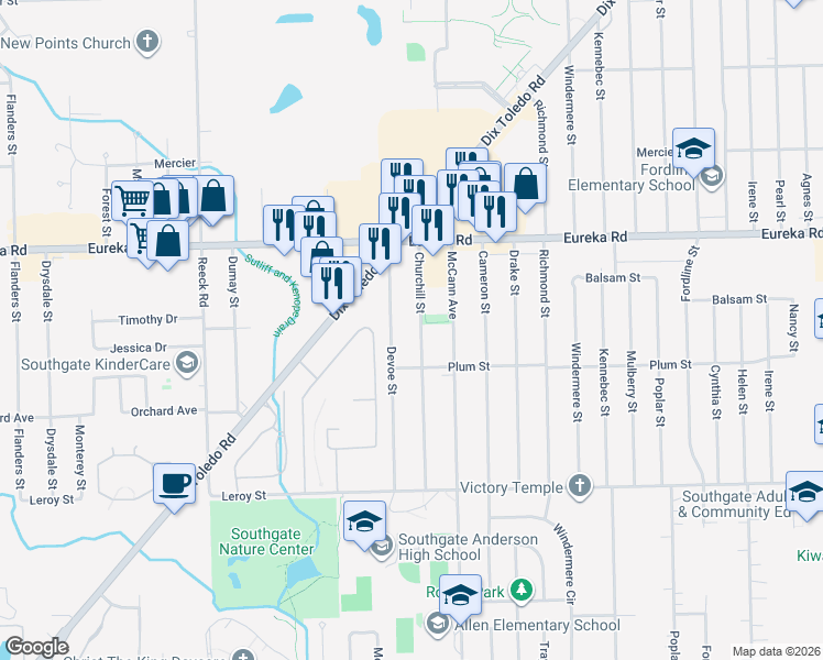 map of restaurants, bars, coffee shops, grocery stores, and more near 15310 Churchill Street in Southgate
