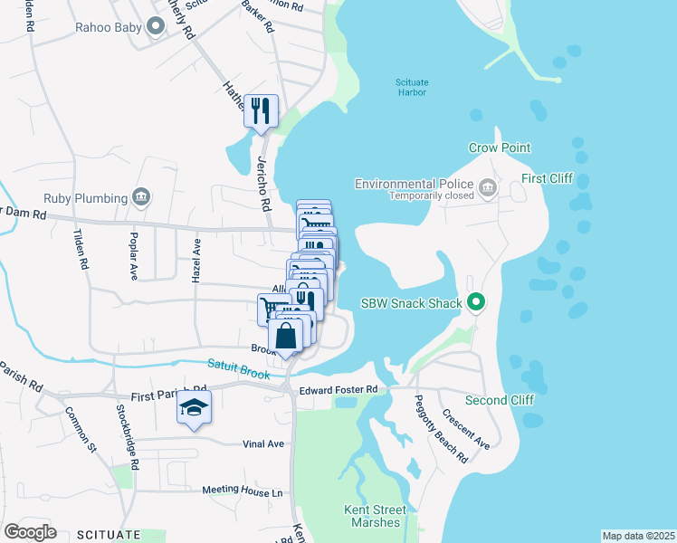 map of restaurants, bars, coffee shops, grocery stores, and more near 25 Old Dock Street in Scituate
