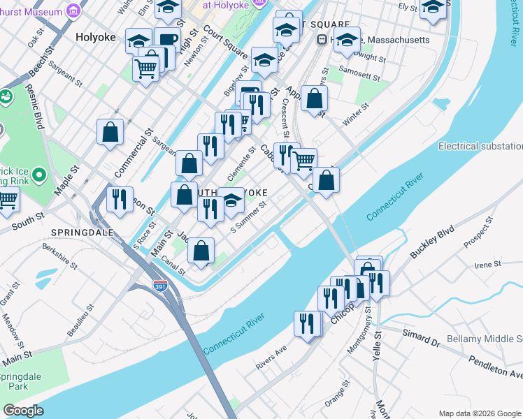 map of restaurants, bars, coffee shops, grocery stores, and more near 554 South Summer Street in Holyoke