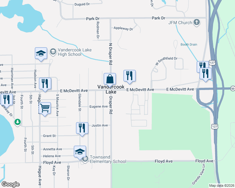 map of restaurants, bars, coffee shops, grocery stores, and more near 1241 East McDevitt Avenue in Jackson