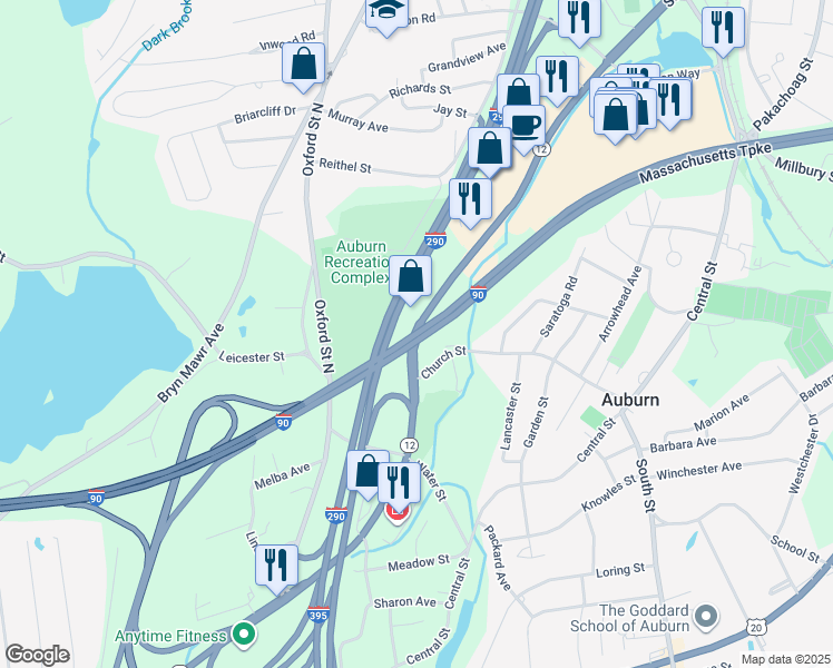 map of restaurants, bars, coffee shops, grocery stores, and more near 492 Southbridge Street in Auburn