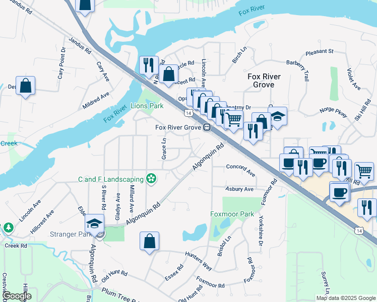 map of restaurants, bars, coffee shops, grocery stores, and more near 500 Lincoln Avenue in Fox River Grove