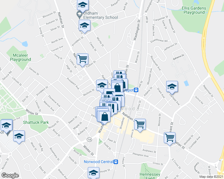 map of restaurants, bars, coffee shops, grocery stores, and more near 511 Washington Street in Norwood