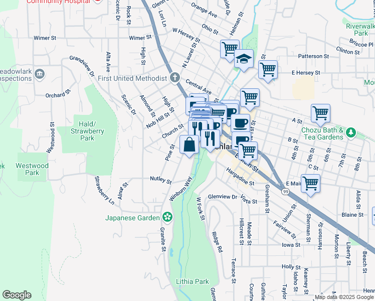 map of restaurants, bars, coffee shops, grocery stores, and more near 52 Granite Street in Ashland