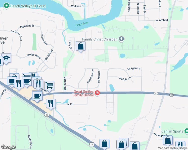 map of restaurants, bars, coffee shops, grocery stores, and more near 9162 Primrose Lane in Fox River Grove