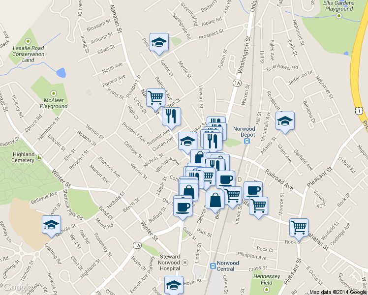 map of restaurants, bars, coffee shops, grocery stores, and more near 265 Nahatan Street in Norwood