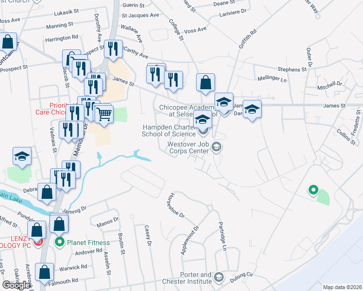 map of restaurants, bars, coffee shops, grocery stores, and more near 100 Mandalay Road in Chicopee