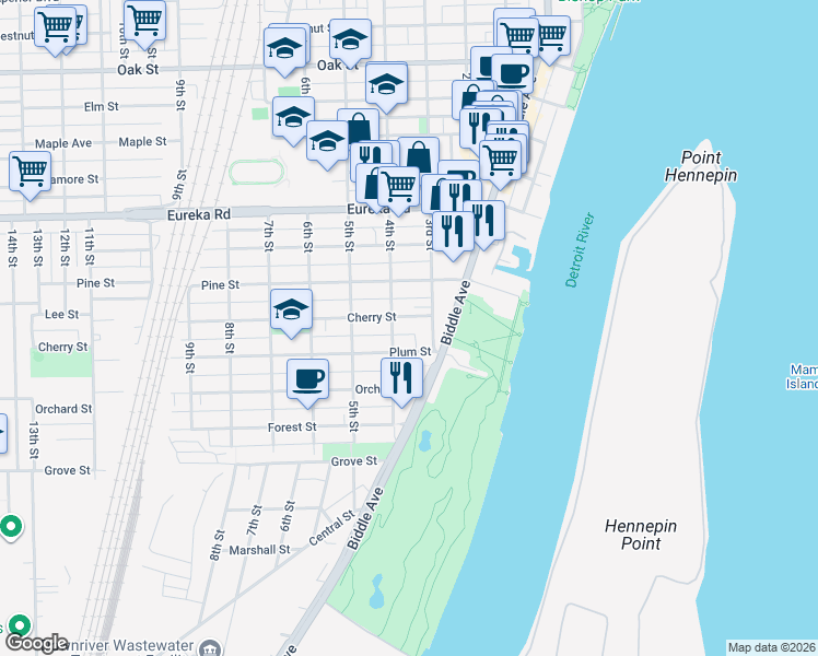 map of restaurants, bars, coffee shops, grocery stores, and more near 347 Cherry Street in Wyandotte
