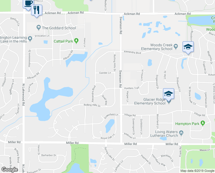 map of restaurants, bars, coffee shops, grocery stores, and more near 1593 Grouse Way in Crystal Lake