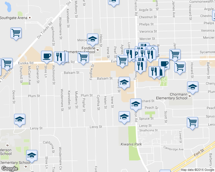 map of restaurants, bars, coffee shops, grocery stores, and more near 15277 Helen Street in Southgate