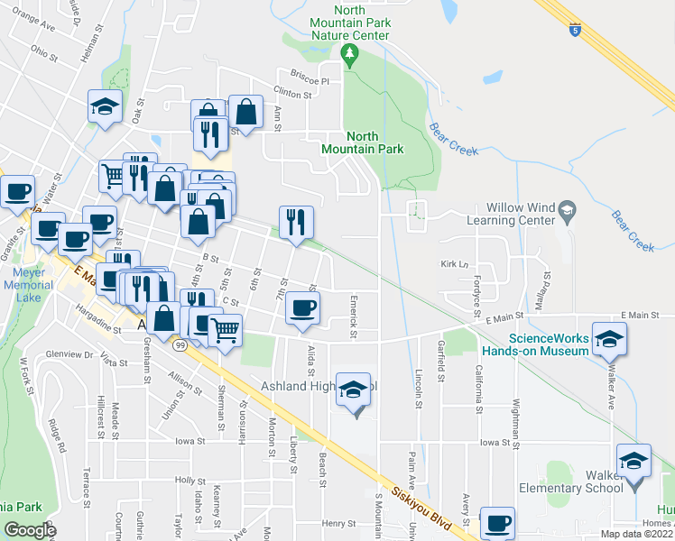 map of restaurants, bars, coffee shops, grocery stores, and more near 971 B Street in Ashland