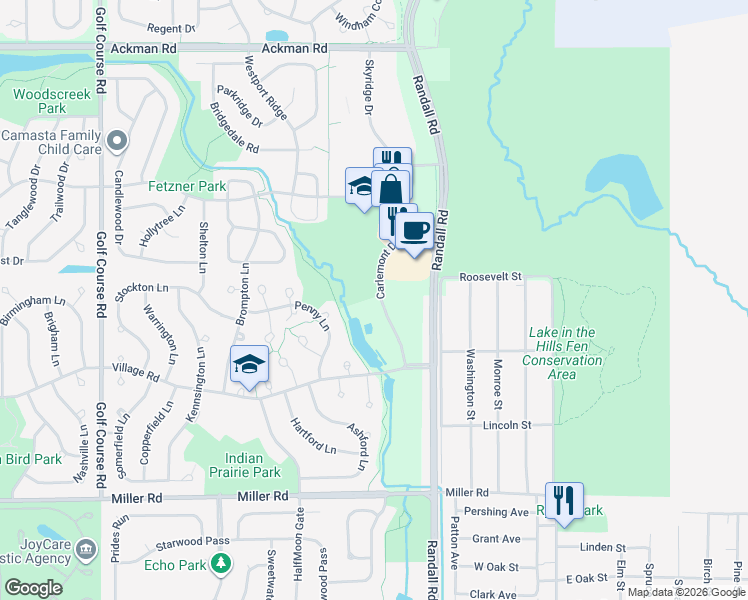 map of restaurants, bars, coffee shops, grocery stores, and more near 1636 Carlemont Drive in Crystal Lake