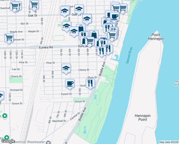 map of restaurants, bars, coffee shops, grocery stores, and more near 347 Cherry Street in Wyandotte