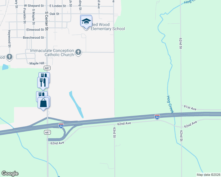 map of restaurants, bars, coffee shops, grocery stores, and more near 61270 63rd Street in Hartford
