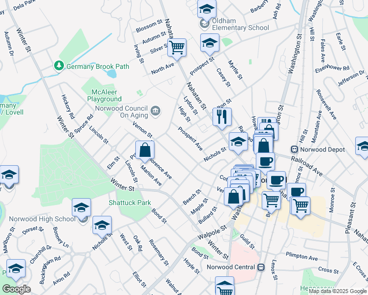 map of restaurants, bars, coffee shops, grocery stores, and more near 127 Cottage Street in Norwood
