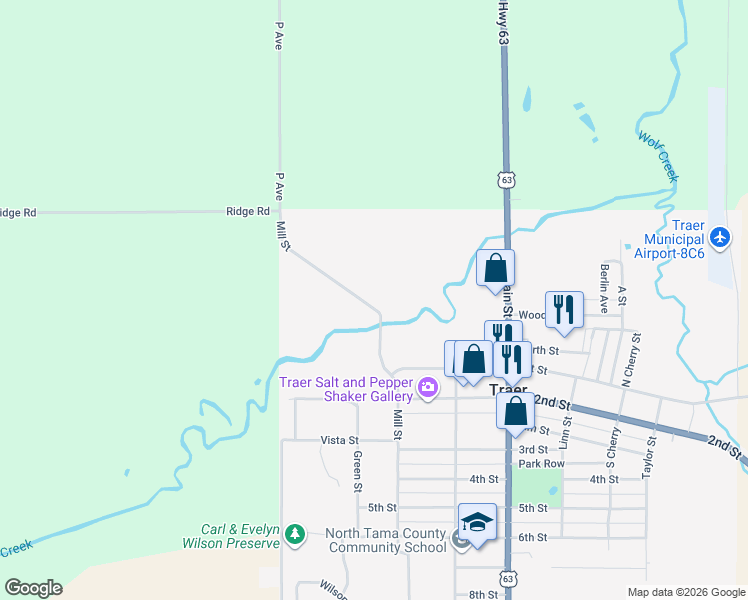 map of restaurants, bars, coffee shops, grocery stores, and more near Mill St in Traer