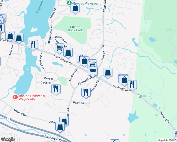 map of restaurants, bars, coffee shops, grocery stores, and more near 1198 Washington Street in Weymouth