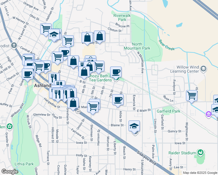 map of restaurants, bars, coffee shops, grocery stores, and more near 763 B Street in Ashland