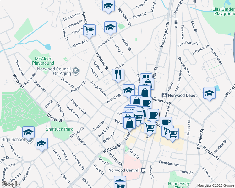 map of restaurants, bars, coffee shops, grocery stores, and more near 9-11 Nichols Street in Norwood