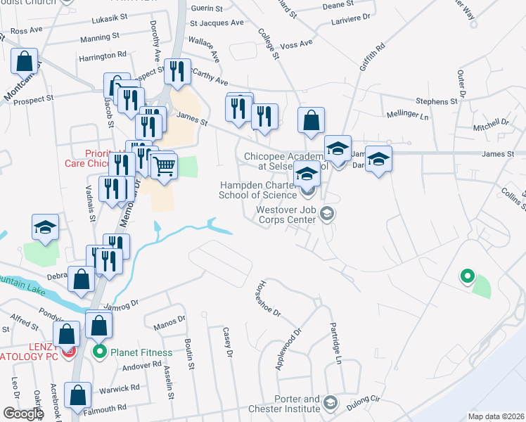 map of restaurants, bars, coffee shops, grocery stores, and more near 100 Mandalay Road in Chicopee