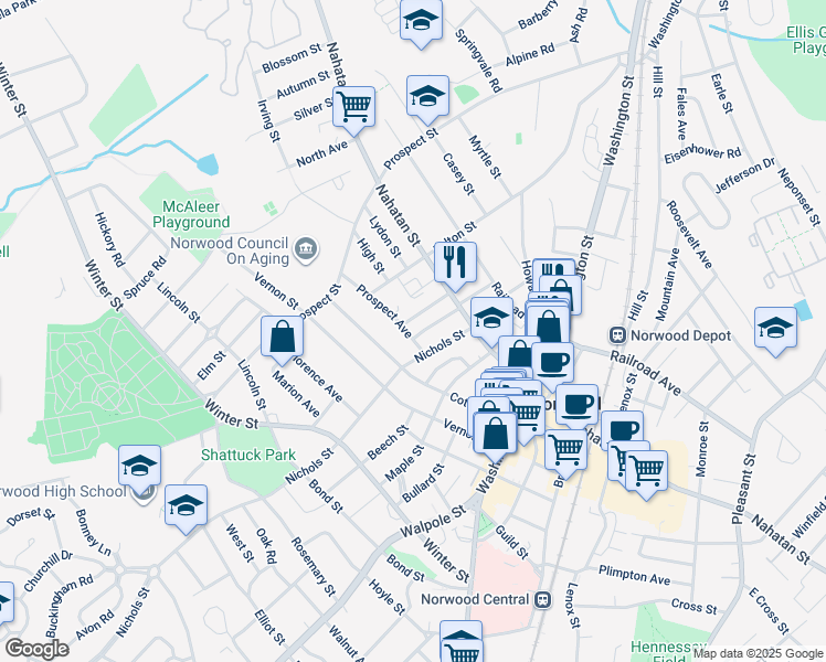 map of restaurants, bars, coffee shops, grocery stores, and more near 19 Prospect Avenue in Norwood