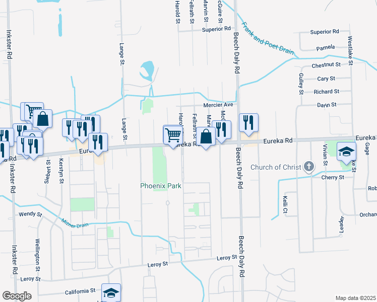 map of restaurants, bars, coffee shops, grocery stores, and more near 26121 Eureka Road in Taylor
