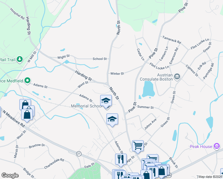 map of restaurants, bars, coffee shops, grocery stores, and more near 158 North Street in Medfield