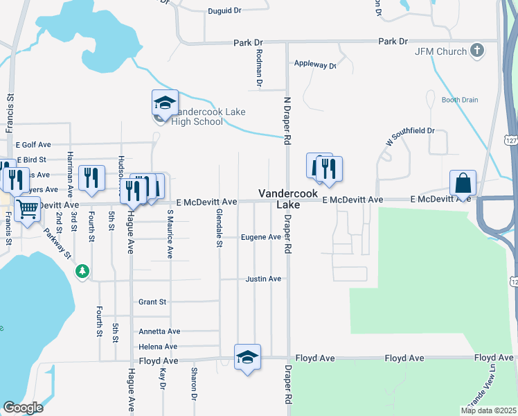 map of restaurants, bars, coffee shops, grocery stores, and more near 1205 East McDevitt Avenue in Jackson