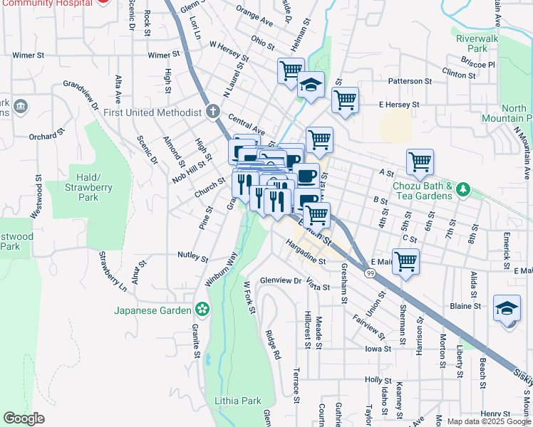 map of restaurants, bars, coffee shops, grocery stores, and more near 20 East Main Street in Ashland