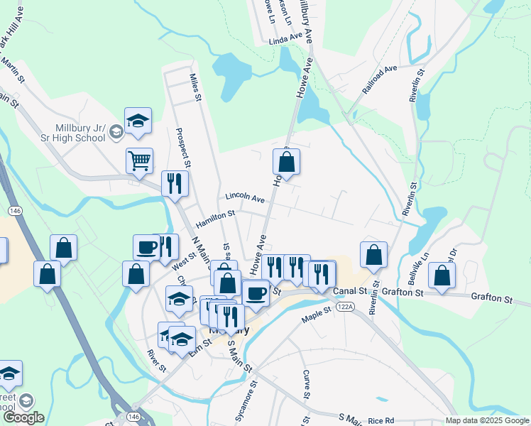 map of restaurants, bars, coffee shops, grocery stores, and more near 33 Howe Avenue in Millbury
