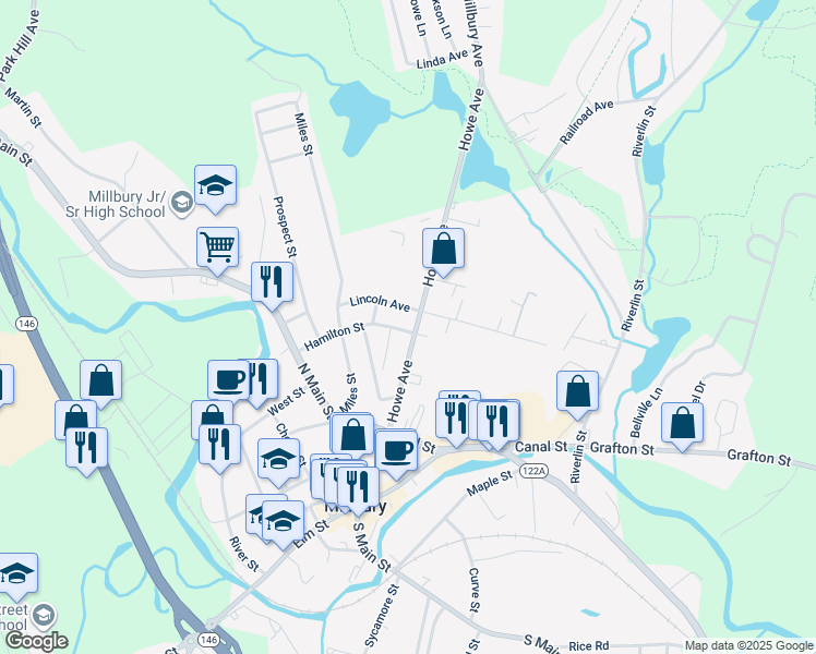 map of restaurants, bars, coffee shops, grocery stores, and more near 33 Howe Avenue in Millbury