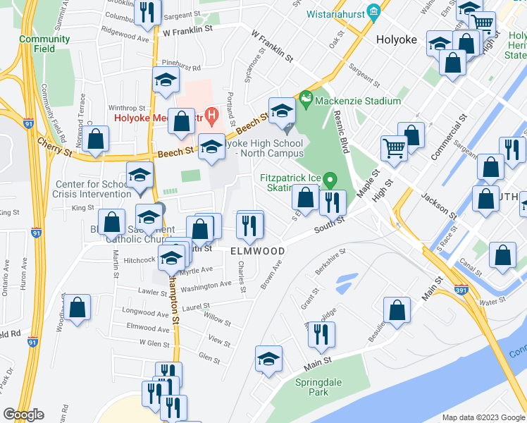 map of restaurants, bars, coffee shops, grocery stores, and more near 75 Congress Avenue in Holyoke