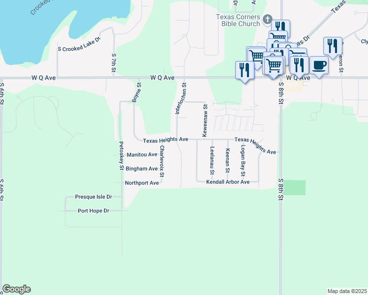 map of restaurants, bars, coffee shops, grocery stores, and more near 8321 Interlochen Street in Kalamazoo