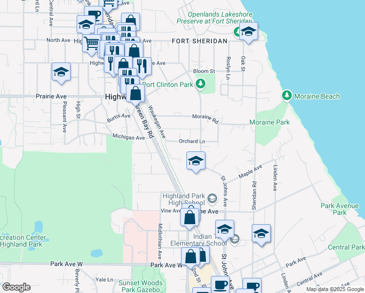 map of restaurants, bars, coffee shops, grocery stores, and more near 420 Orchard Lane in Highland Park