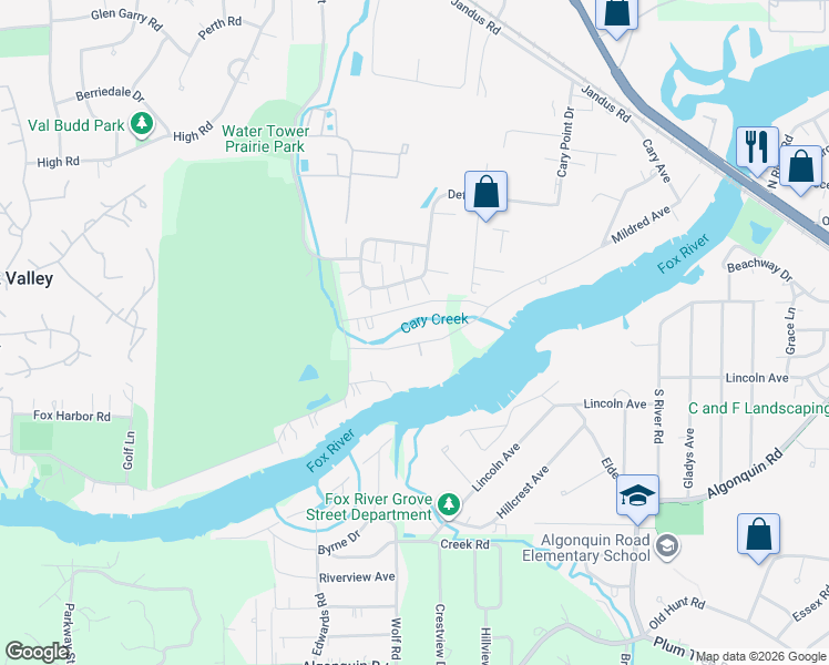 map of restaurants, bars, coffee shops, grocery stores, and more near 2018 Grove Lane in Cary